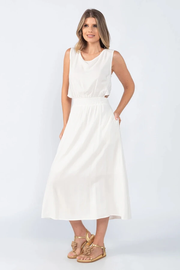 Vestido midi com elastico recorte nas costas