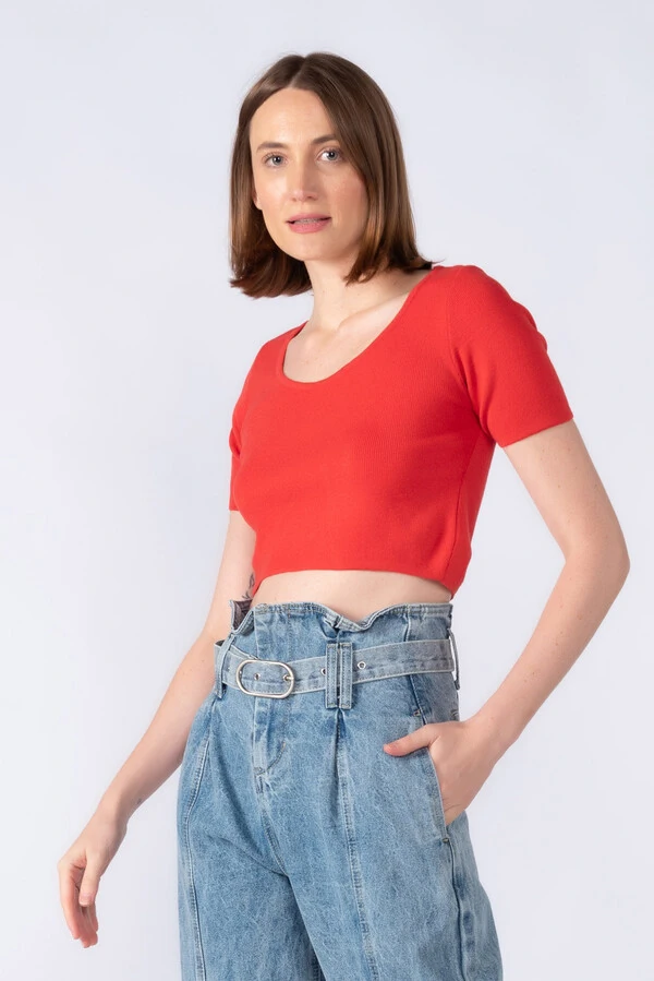 Cropped viscose manga curta tricot