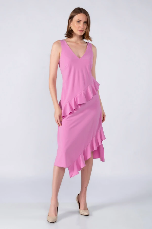 Vestido midi crepe com babados