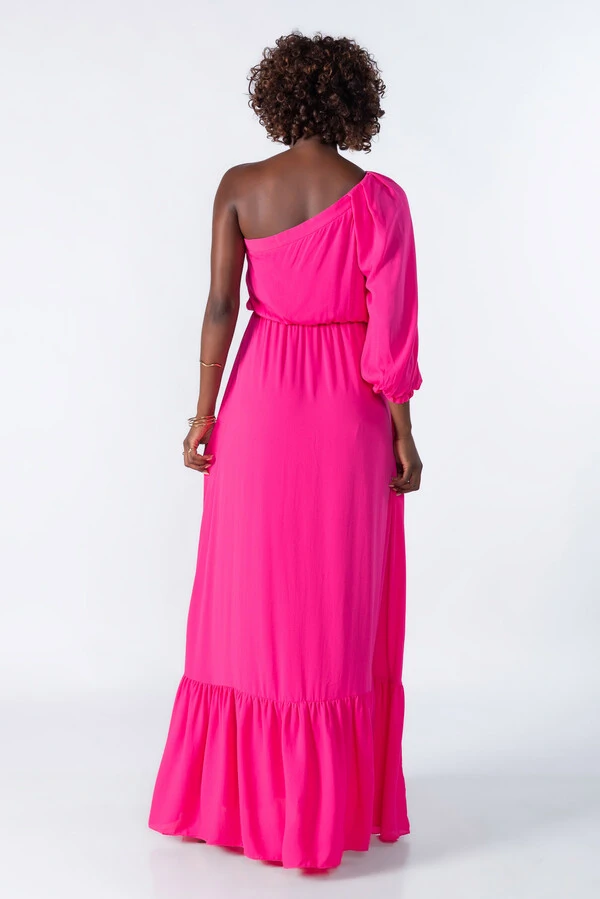 Vestido longo um ombro com babado
