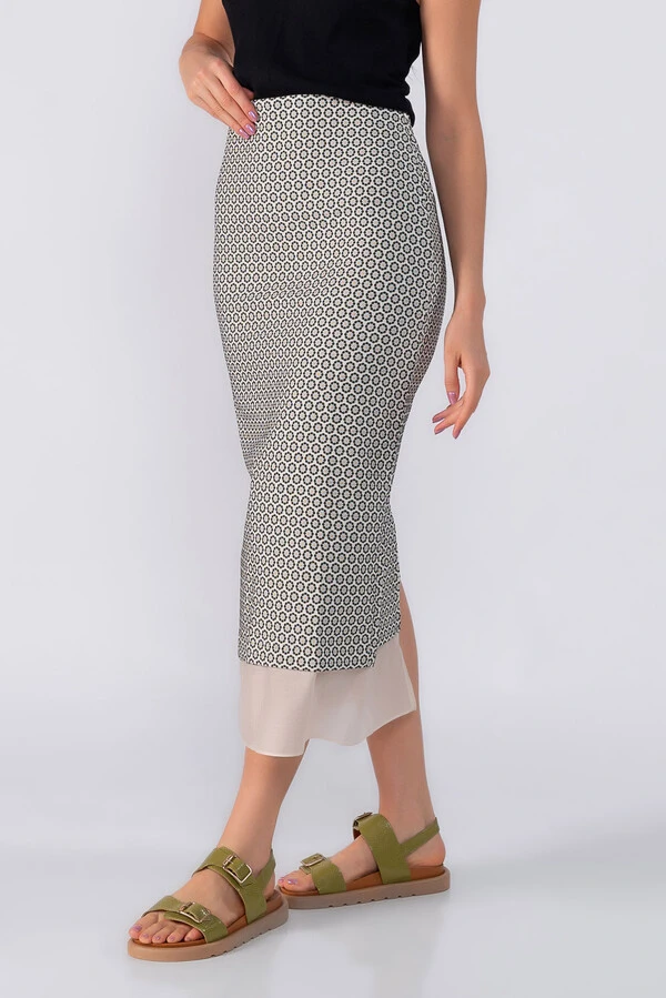 Saia midi jacquard com detalhe em organza