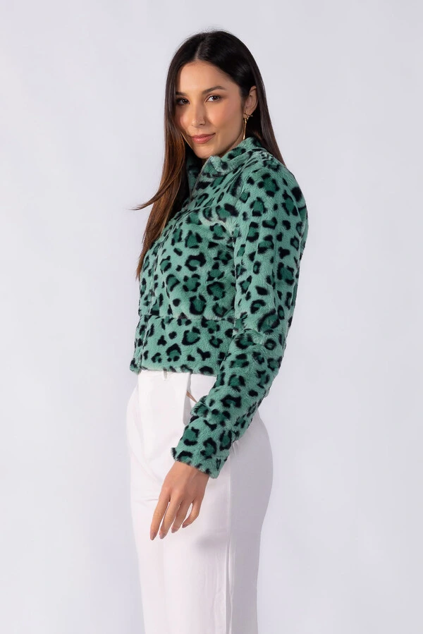 Casaco animal print curto ziper frontal