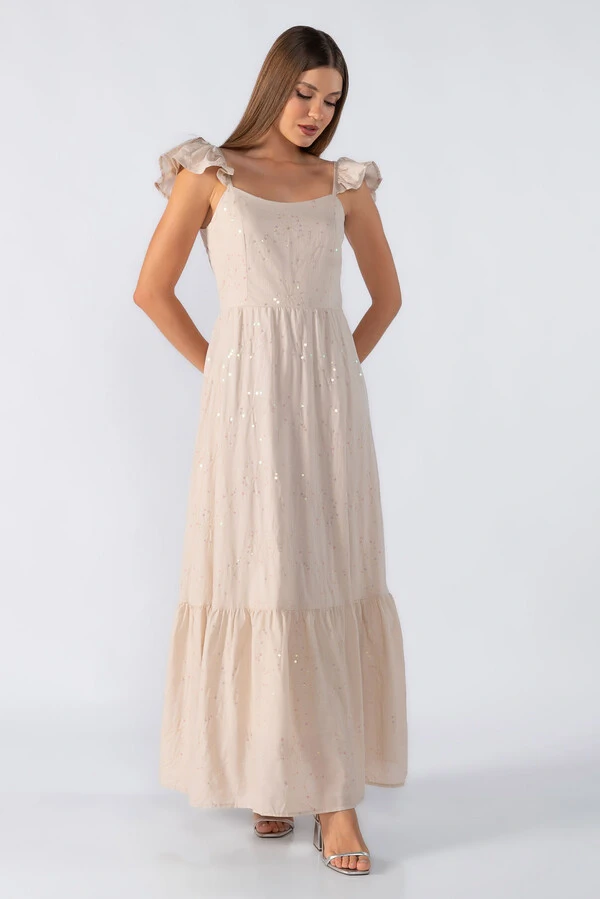vestido longo babados na alça