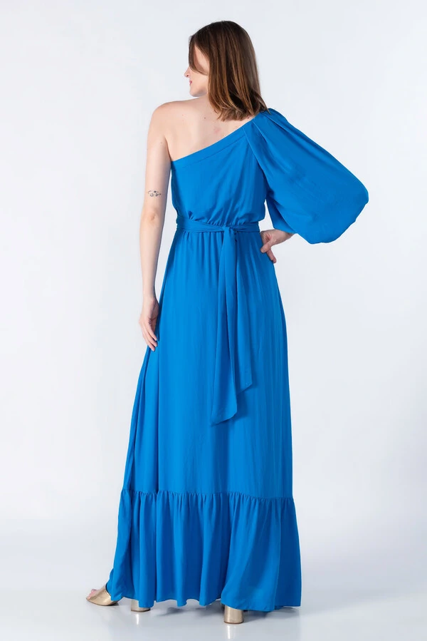 Vestido longo um ombro com babado