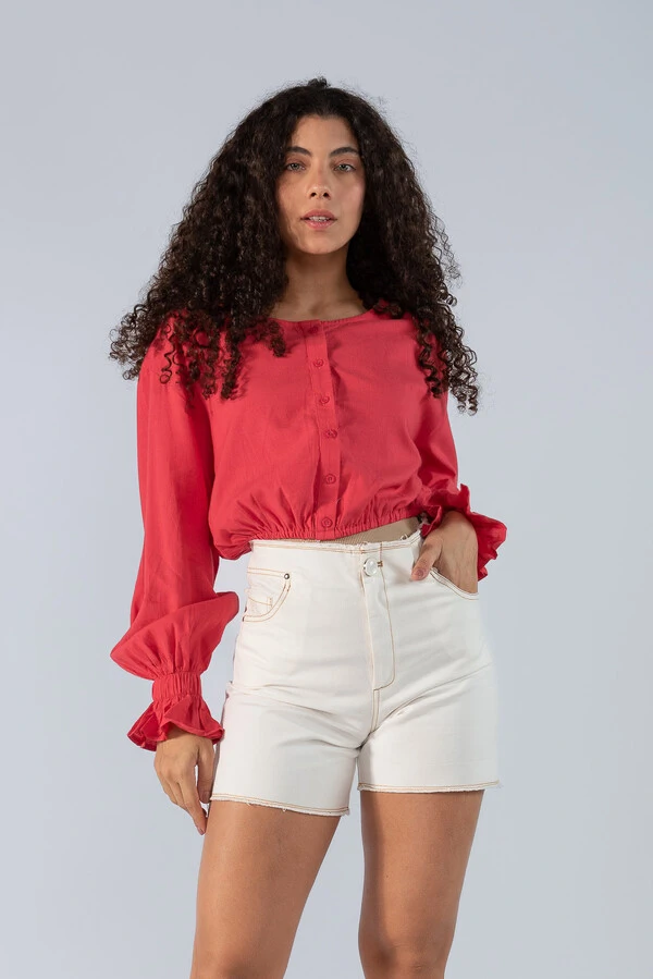 Blusa curta em viscose com elastico na barra e punho