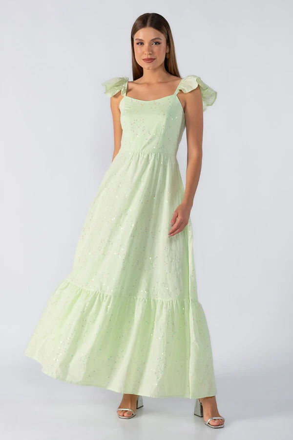 vestido longo babados na alça