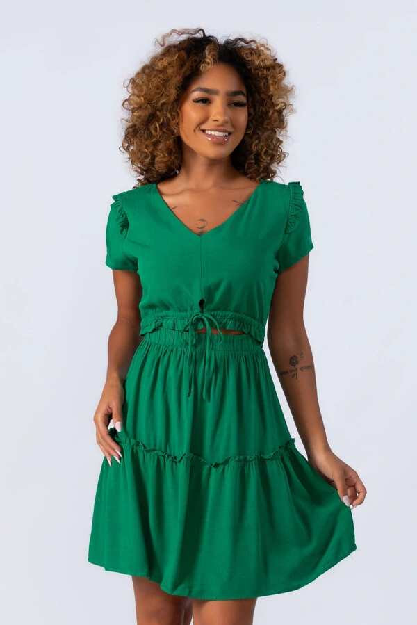 Vestido em viscose com babados e ziper