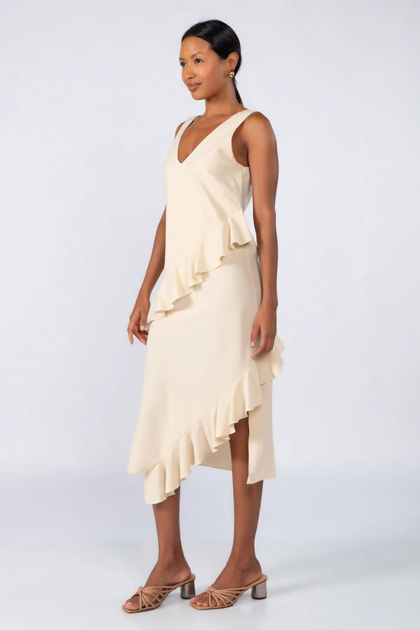 Vestido midi crepe com babados