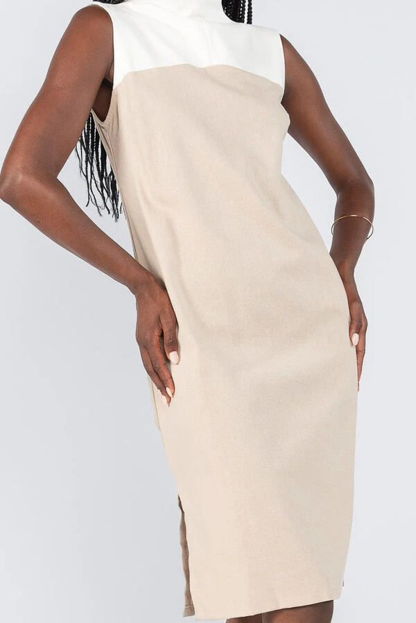 Vestido midi em viscolinho bicolor
