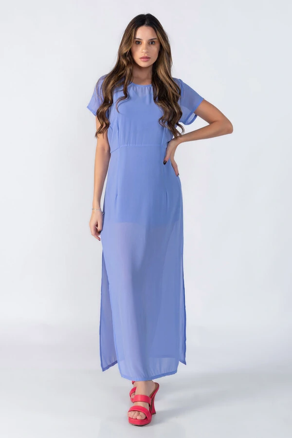 Vestido longo manga com fenda