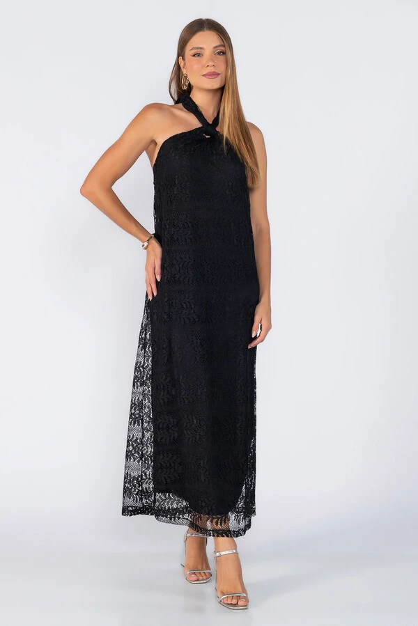 Vestido longo rendado com amarracao