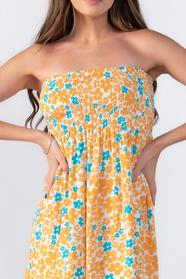 Vestido estampado tomara que caia