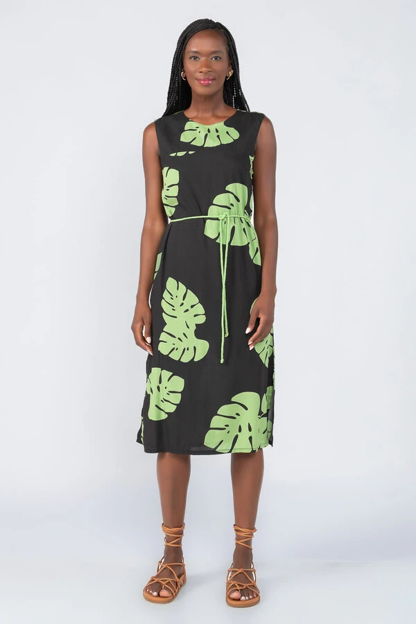 Vestido midi em viscose estampa tropical