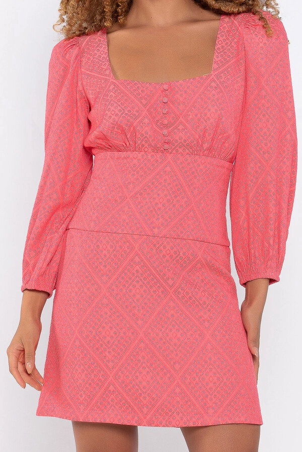 Vestido curto jaquard decote quadrado detalhe botoes