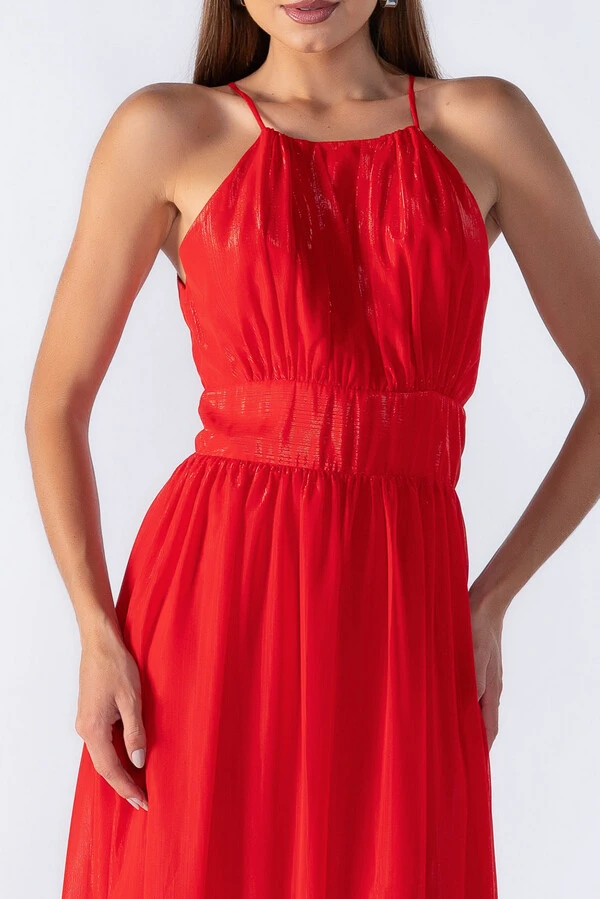Vestido longo em lurex com decote franzido