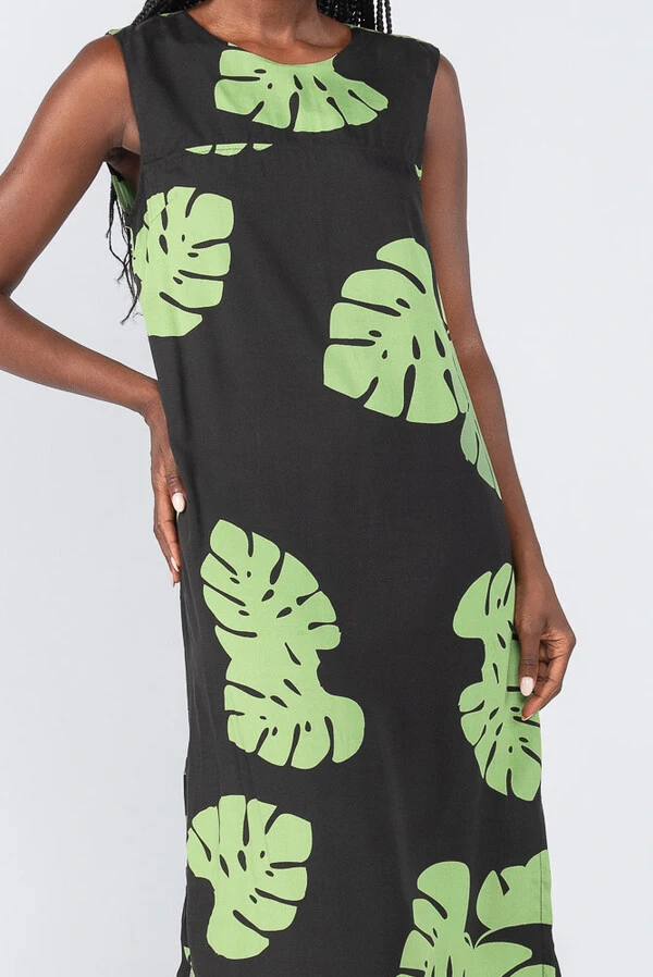 Vestido midi em viscose estampa tropical