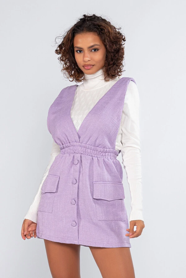 Jardineira tweed botoes elastico bolso