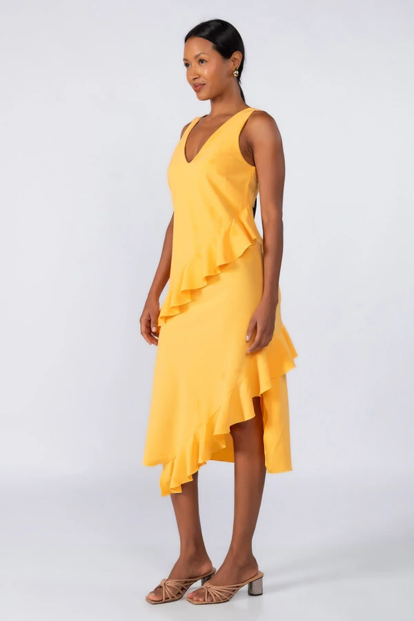 Vestido midi crepe com babados