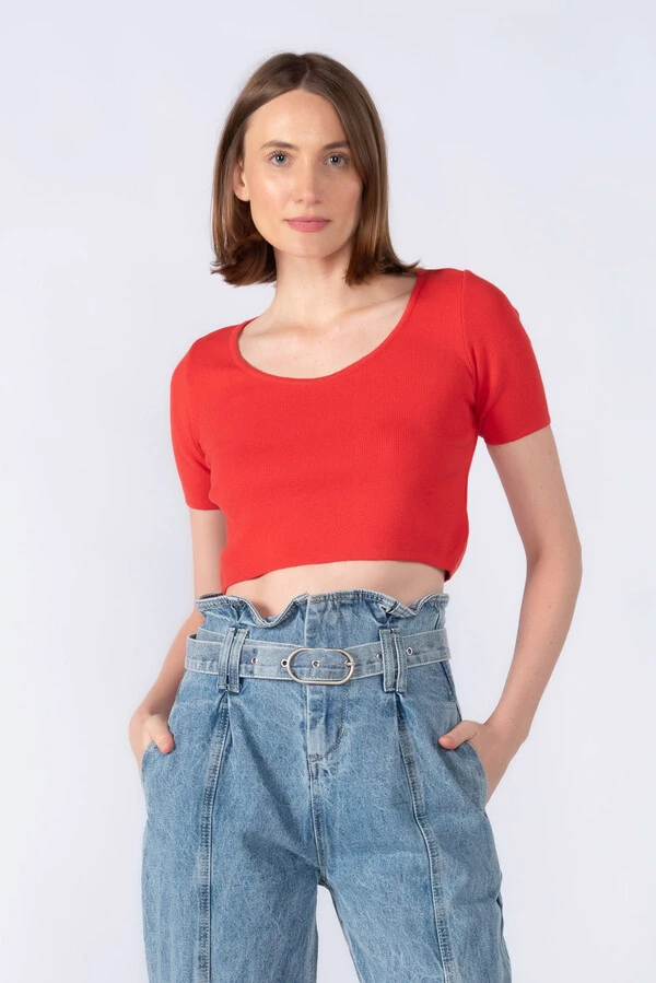 Cropped viscose manga curta tricot