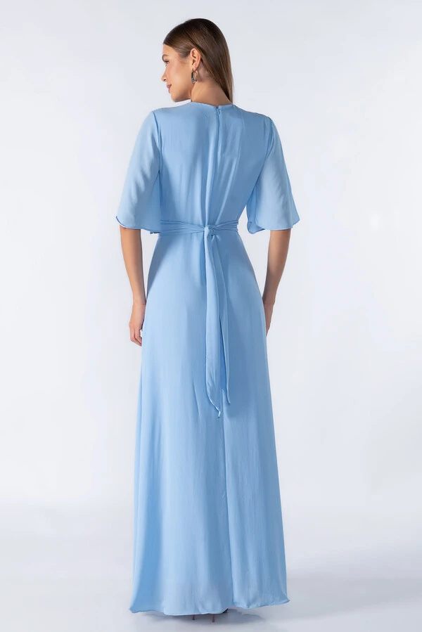 Vestido longo manga curta decote em v com faixa