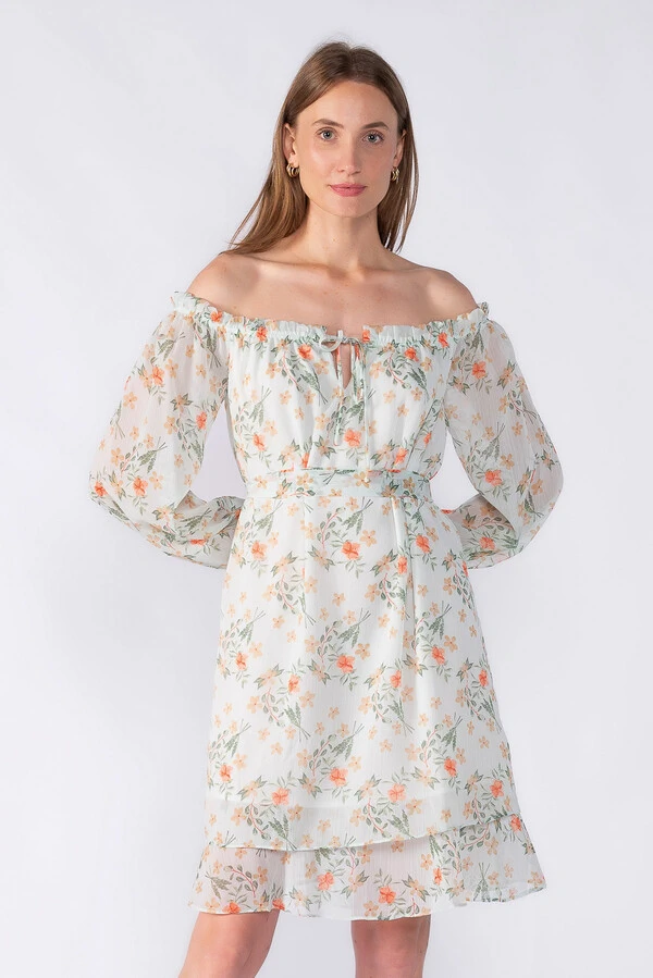Vestido curto ombro a ombro em chiffon