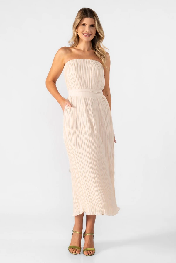 Vestido midi plissado tomara que caia