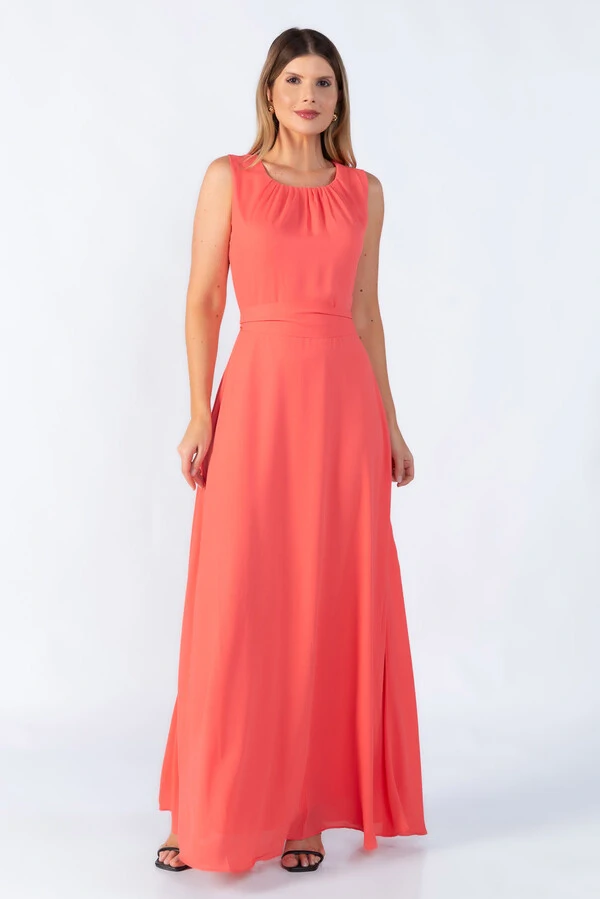 Vestido longo poliester gola franzida