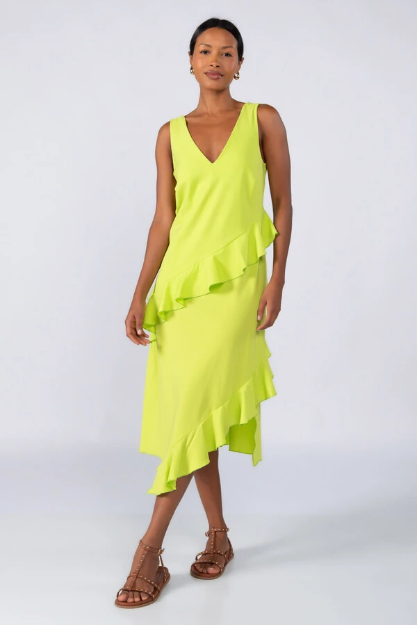 Vestido midi crepe com babados