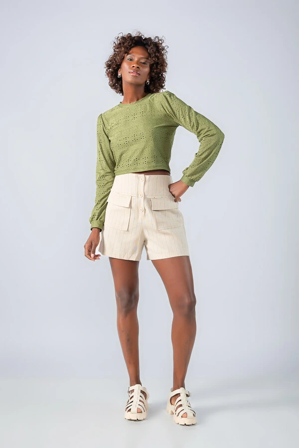 Blusa cropped malha laise manga longa