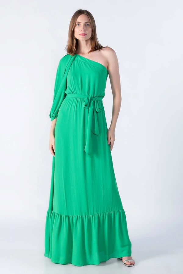 Vestido longo um ombro com babado