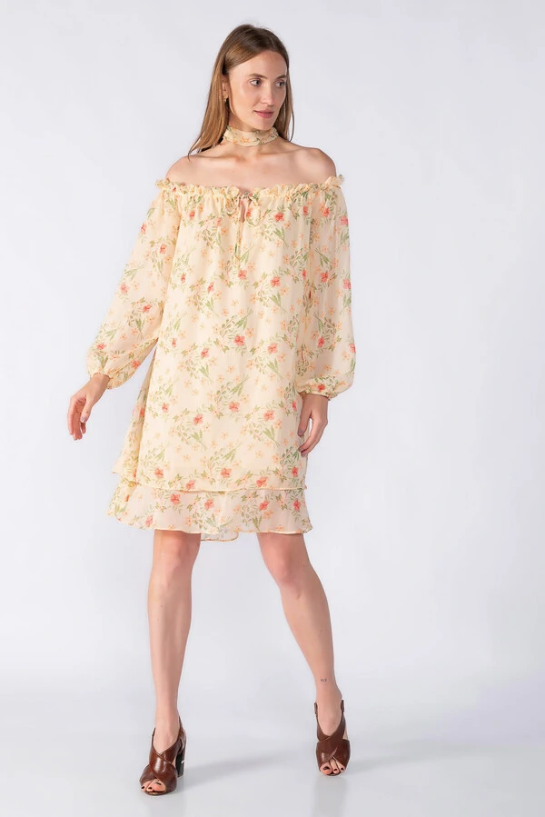 Vestido curto ombro a ombro em chiffon