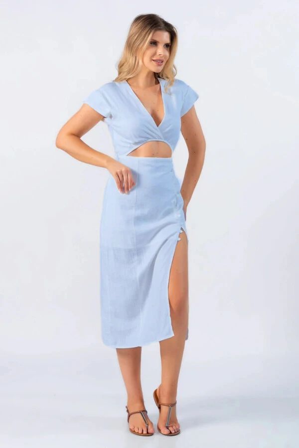 Vestido midi em linho com recorte