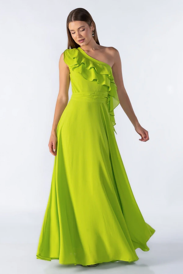 Vestido longo manga nula com babado