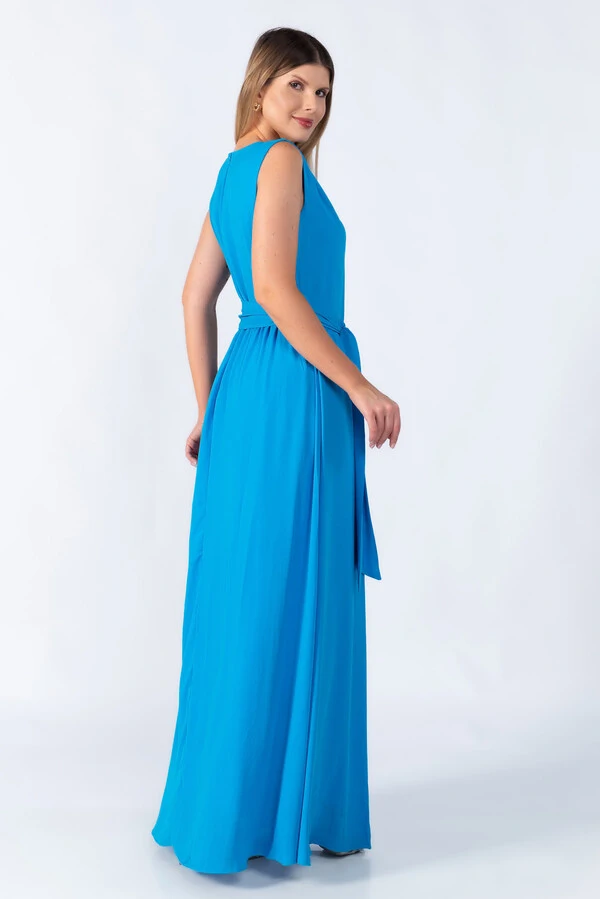Vestido longo crepe detalhe ombro