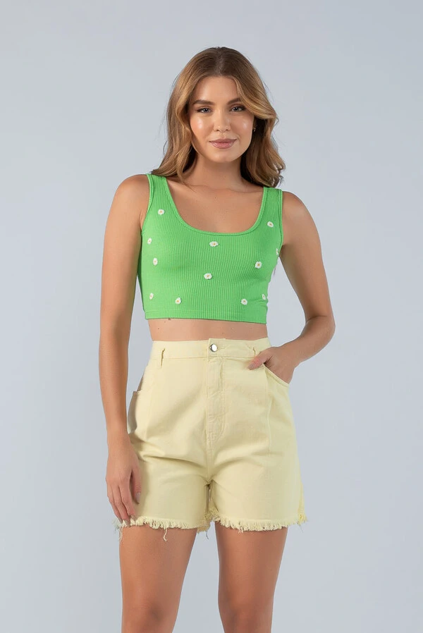 Conjunto cropped e top canelado bordado