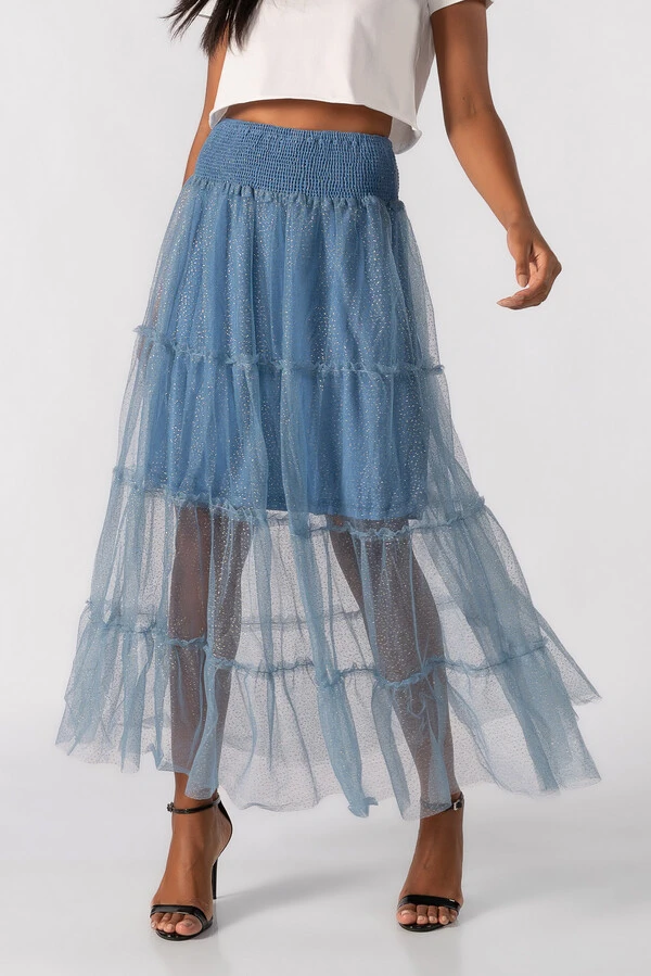 Saia longa de tule cos com lastex