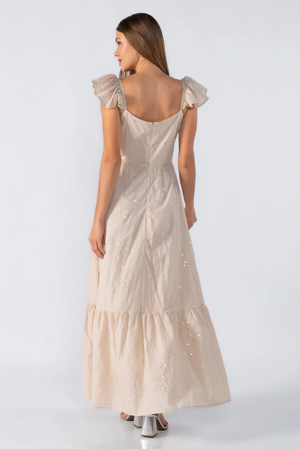vestido longo babados na alça