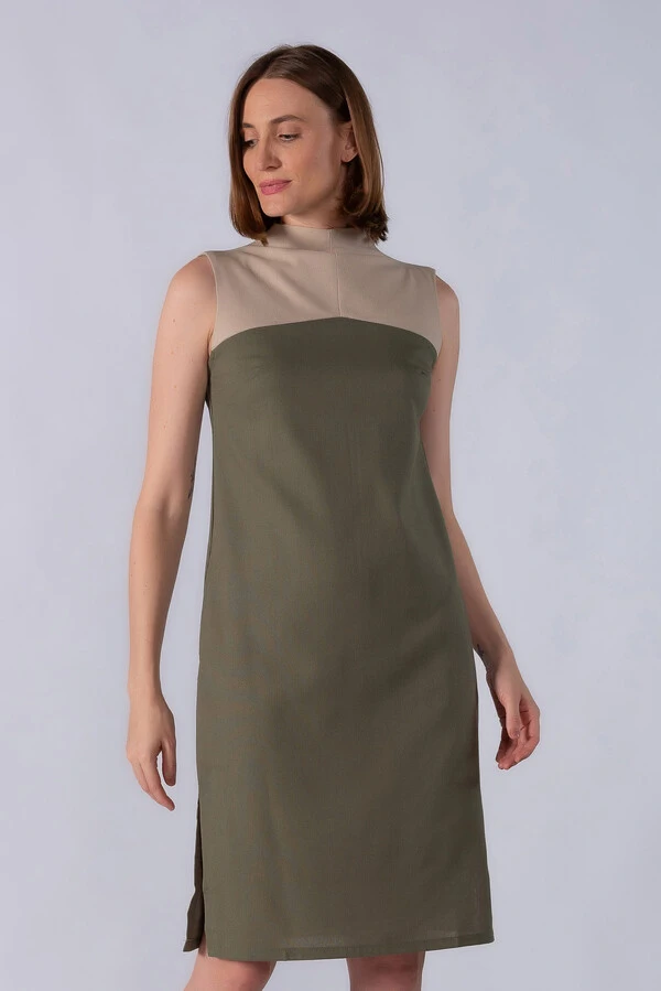 Vestido midi em viscolinho bicolor