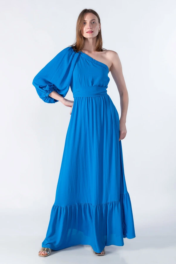 Vestido longo um ombro com babado