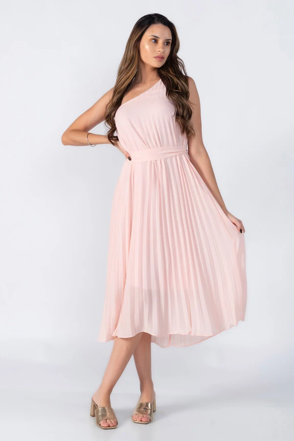 Vestido plissado um ombro