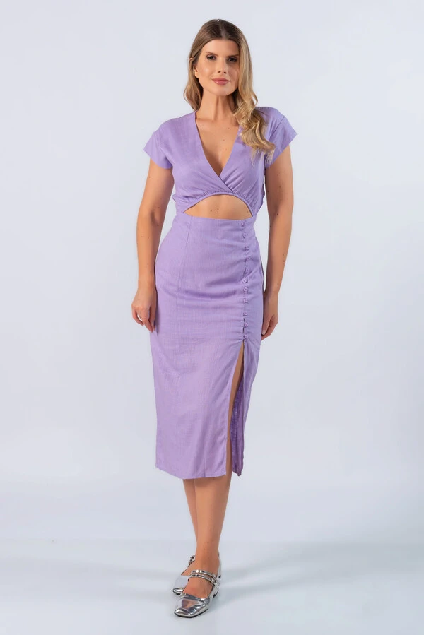 Vestido midi em linho com recorte