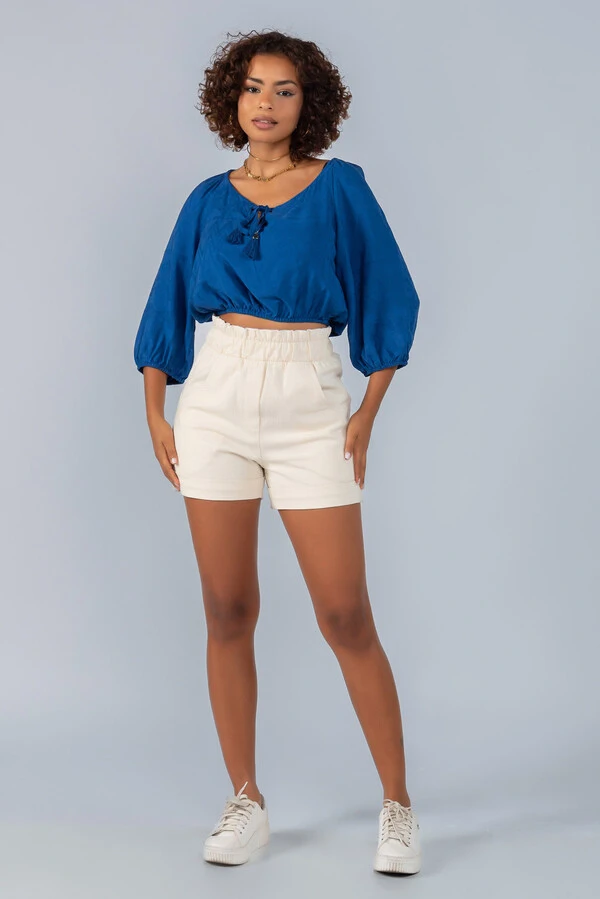 Blusa cropped em viscose detalhe elastico cintura