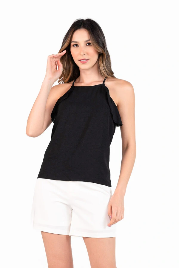 Blusa em algodao com babado decote fechado