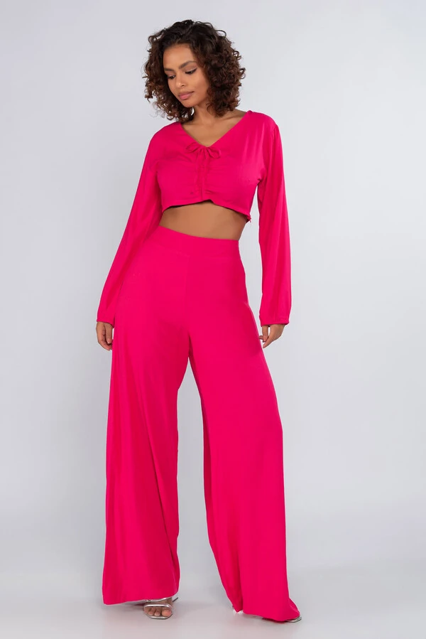 Cropped viscose manga longa busto franzido