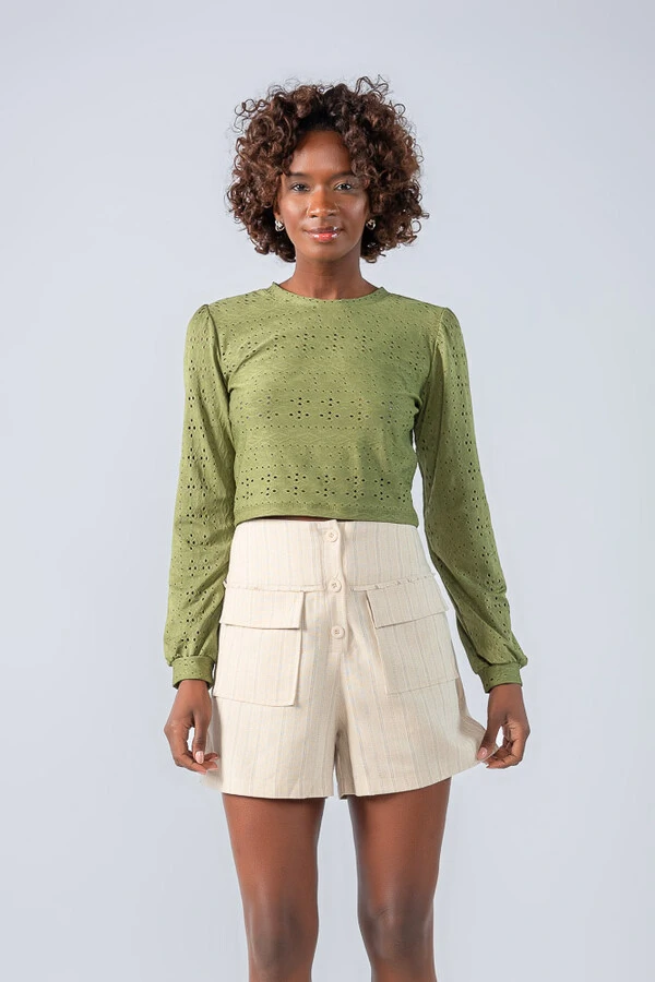 Blusa cropped malha laise manga longa