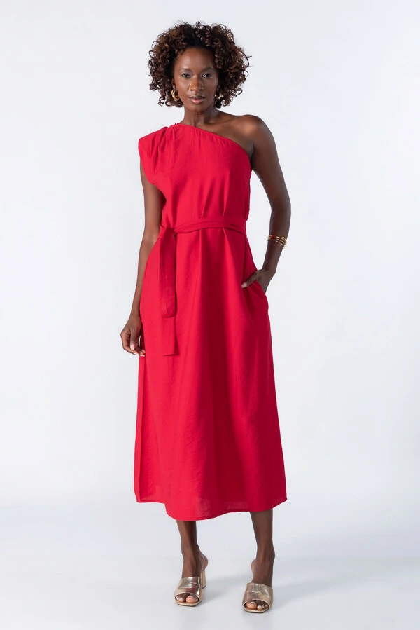Vestido midi um ombro amplo
