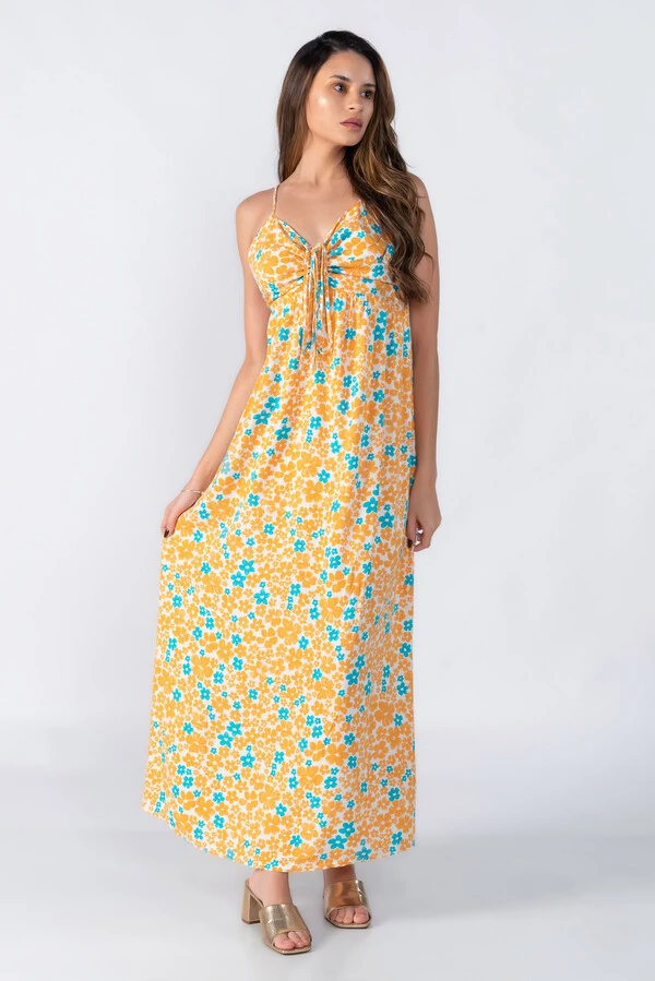 Vestido longo com busto franzido