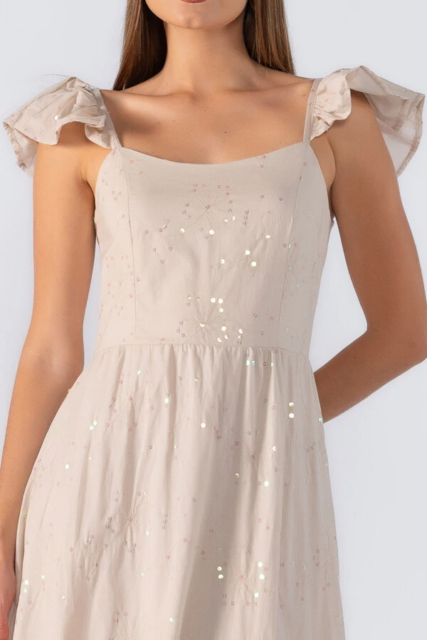 vestido longo babados na alça