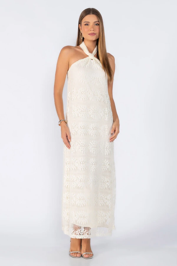 Vestido longo rendado com amarracao