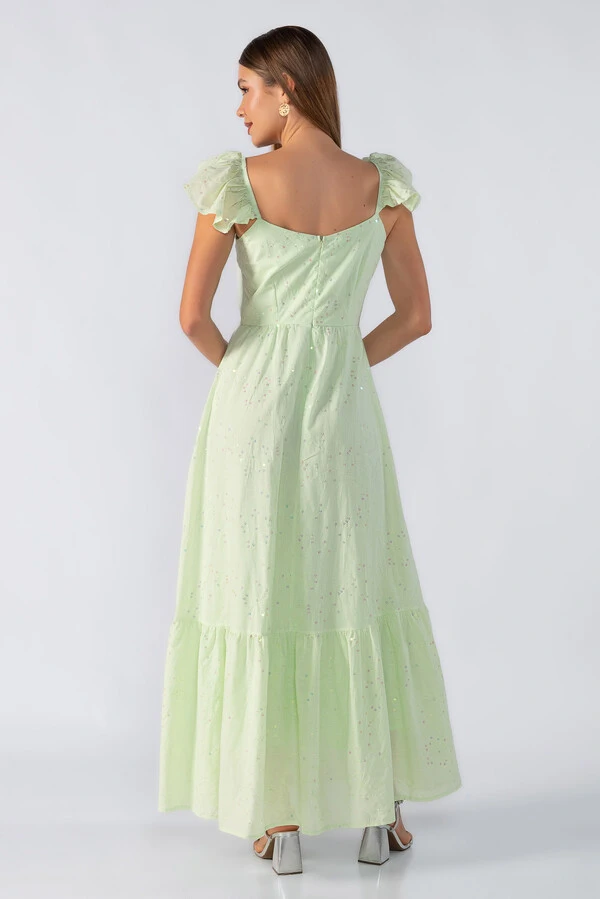 vestido longo babados na alça